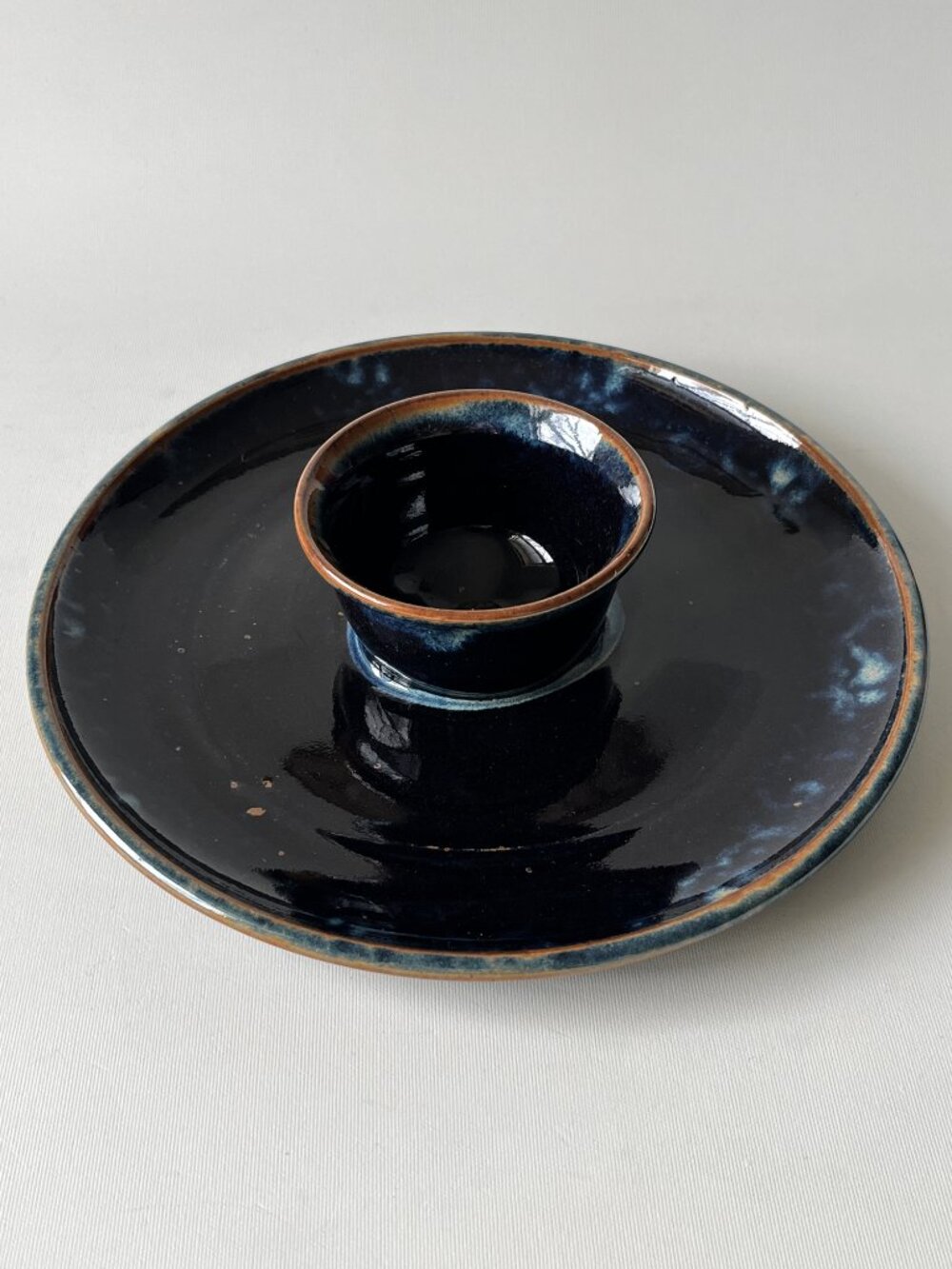 Handmade Signed Studio Pottery Chip & Dip Platter Blue Glazed Stoneware Dish